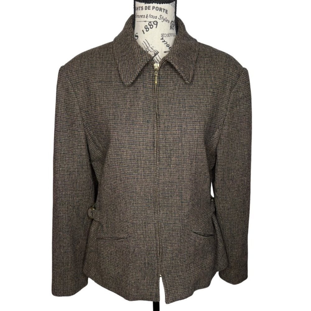 Y2K Braebrook Womens Brown Tweed 100% Wool Zip Up Blazer Jacket Sz 8 Equestrian